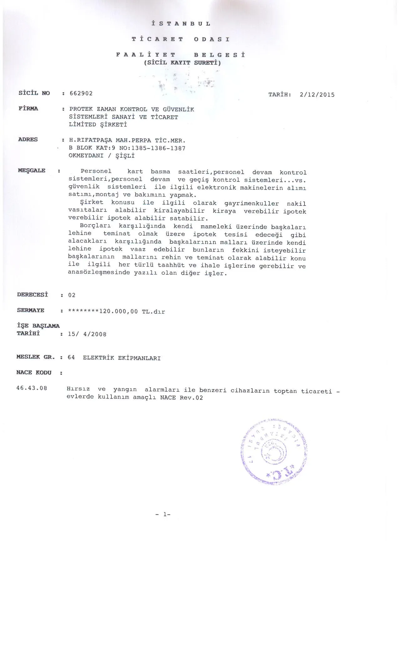 İstanbul Ticaret Odası Faaliyet Belgesi